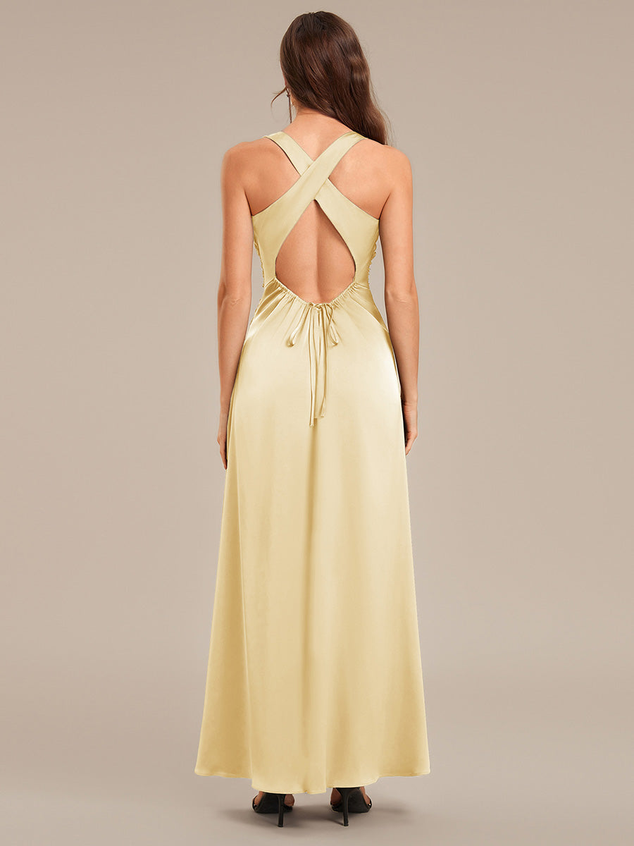 Color=Yellow | Custom Solutions Sleeveless Halter Neck Backless A-Line Floor Length Bridesmaid Dresses-Yellow 17