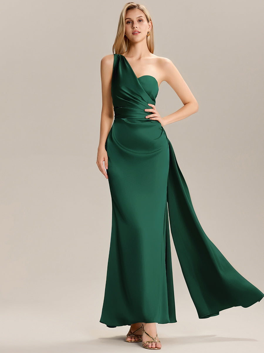 Color=Dark Green | Custom Solutions Sleeveless Asymmetrical Fishtail Non-Stretch Floor Length Bridesmaid Dresses-Dark Green 3