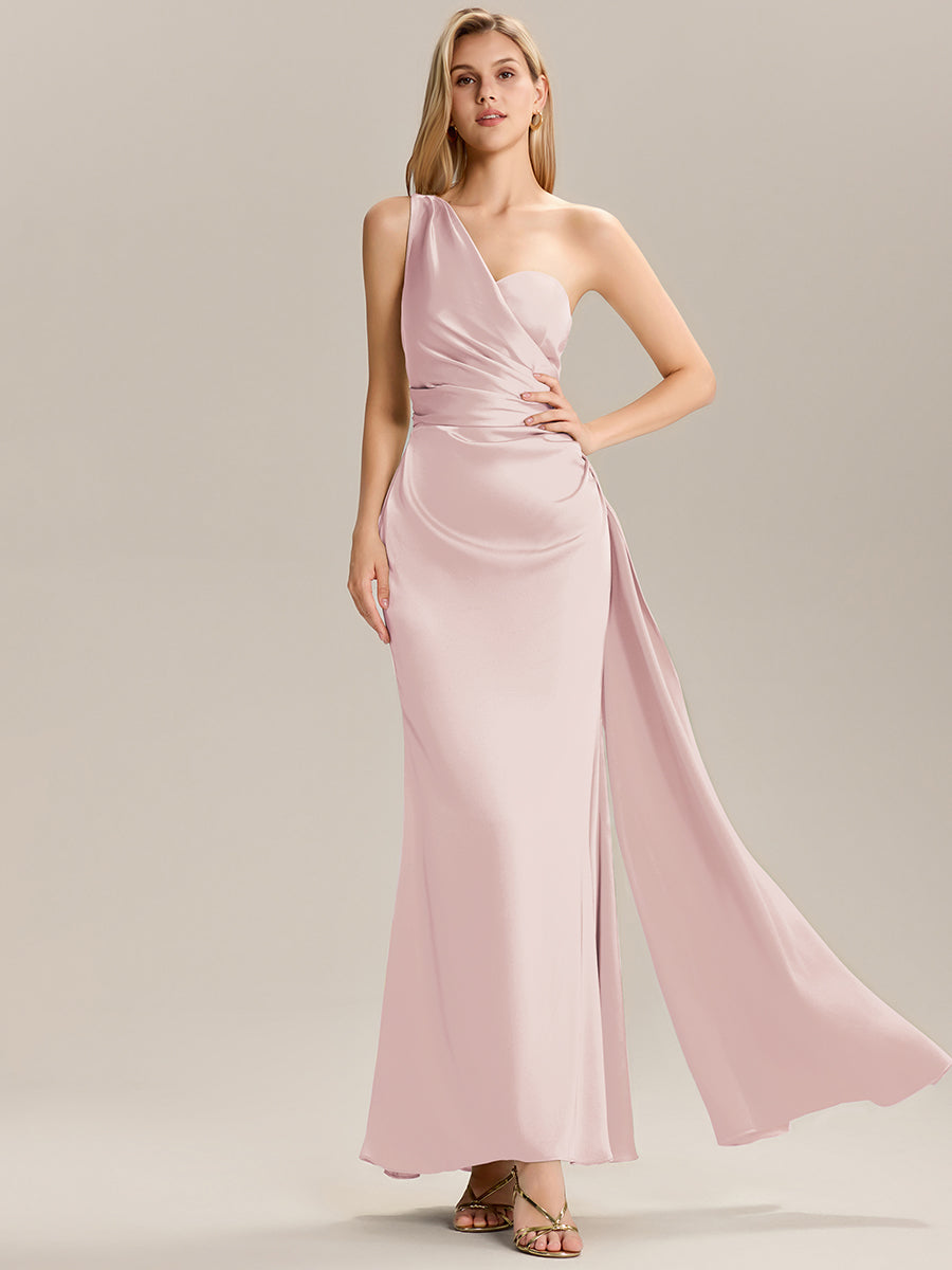 Color=Pink | Custom Solutions Sleeveless Asymmetrical Fishtail Non-Stretch Floor Length Bridesmaid Dresses-Pink 5