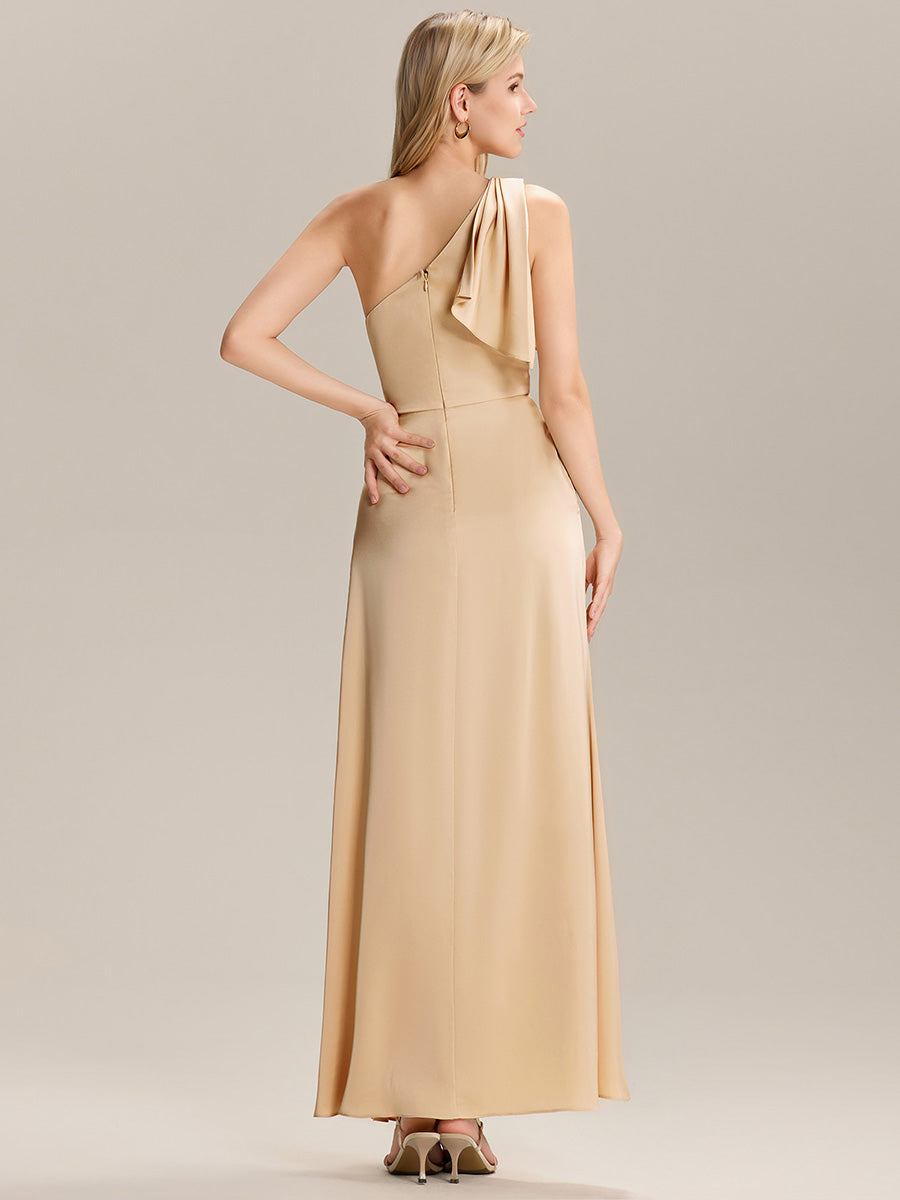 Color=Champagne | Custom Solutions Sleeveless Asymmetrical A-Line Floor Length Dress with Thigh-High Slit, Bridesmaid Dresses-Champagne 2