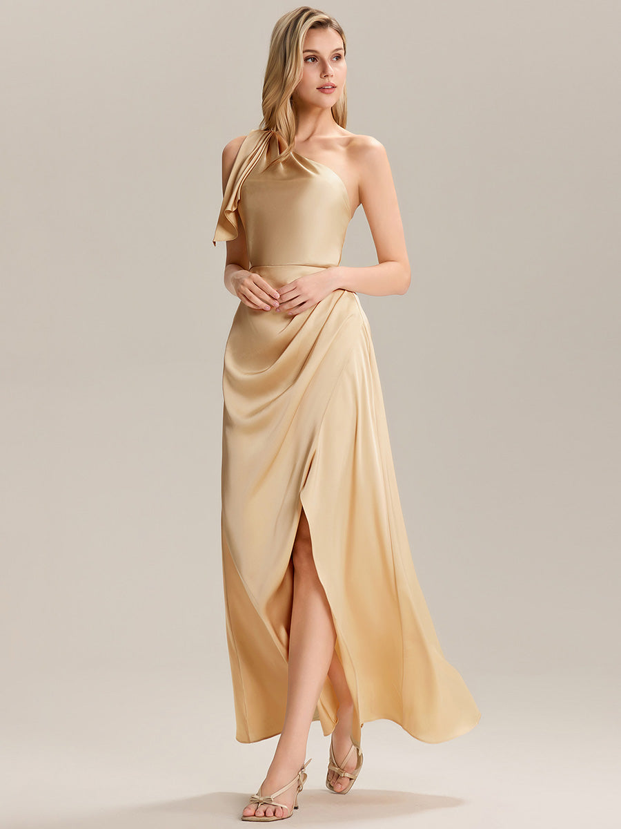 Color=Champagne | Custom Solutions Sleeveless Asymmetrical A-Line Floor Length Dress with Thigh-High Slit, Bridesmaid Dresses-Champagne 4