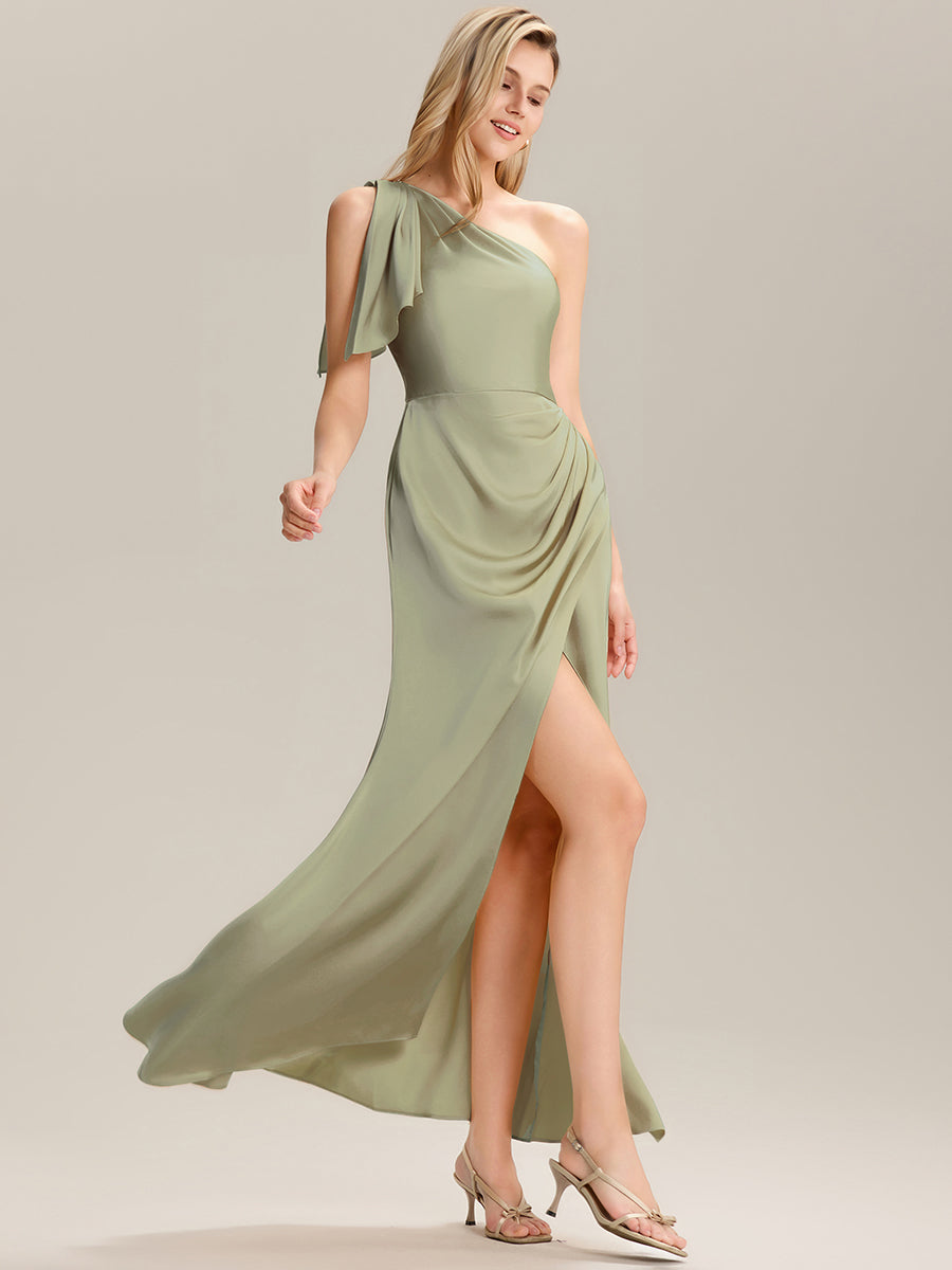 Color=Sage Green | Custom Solutions Sleeveless Asymmetrical A-Line Floor Length Dress with Thigh-High Slit, Bridesmaid Dresses-Sage Green 10
