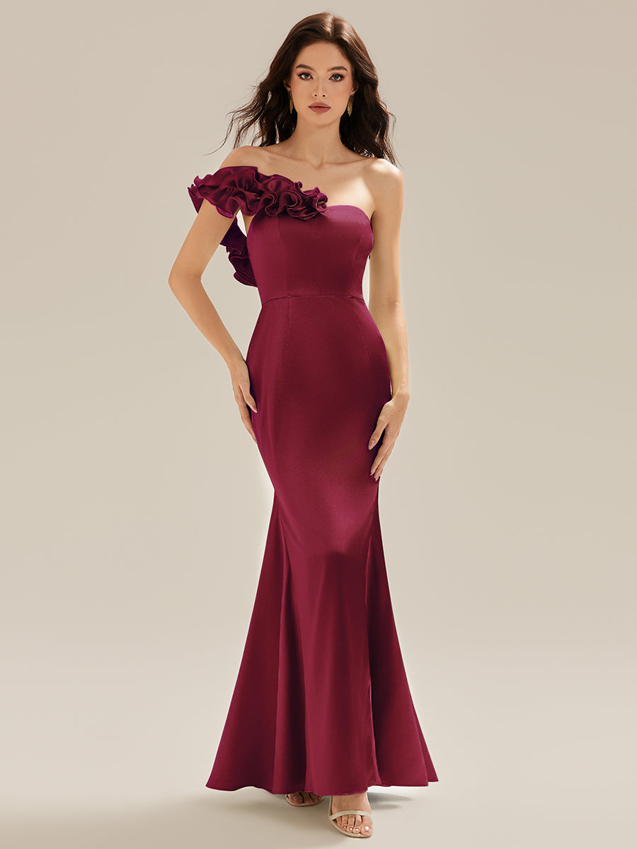 Color=Burgundy | Custom Solutions Strapless Fishtail Non-Stretch Floor Length Wedding Guest Dresses-Burgundy 1