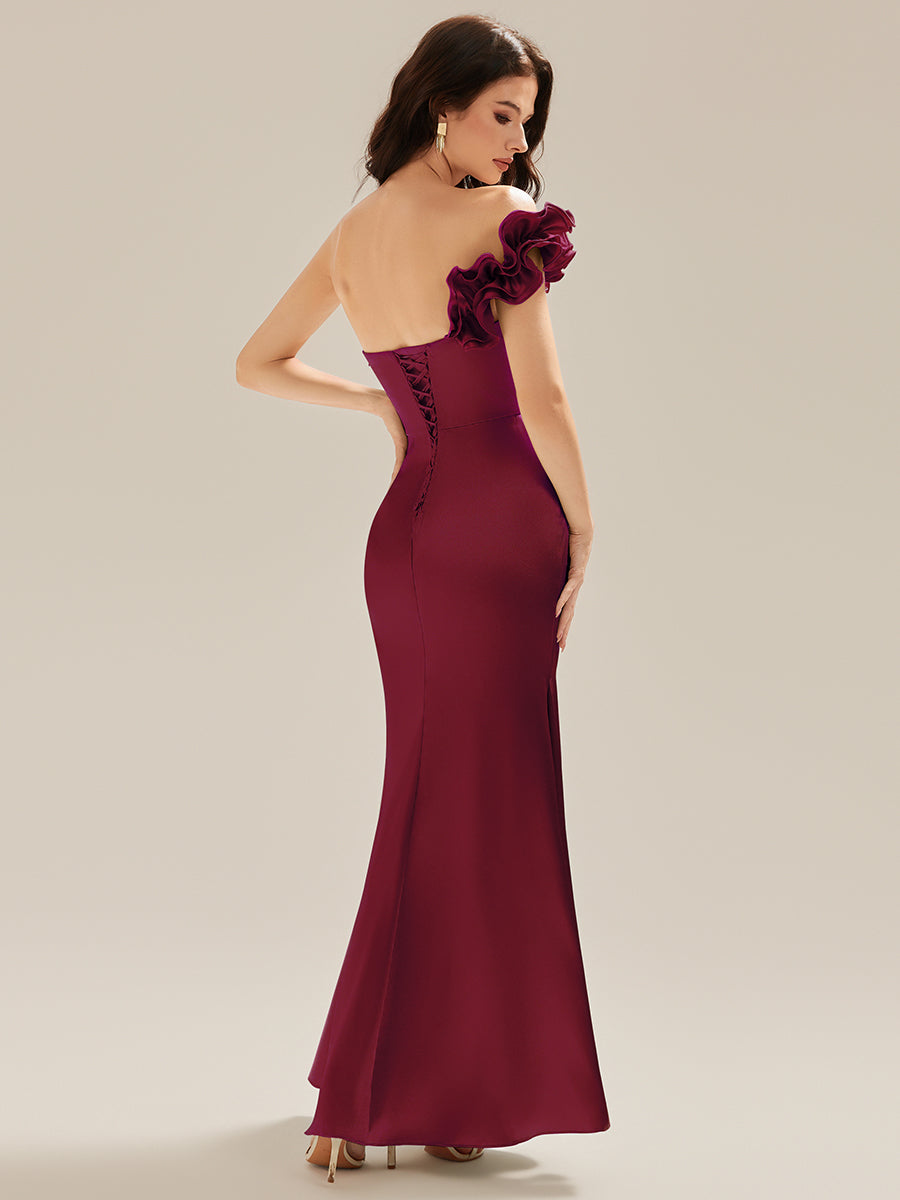 Color=Burgundy | Custom Solutions Strapless Fishtail Non-Stretch Floor Length Wedding Guest Dresses-Burgundy 2
