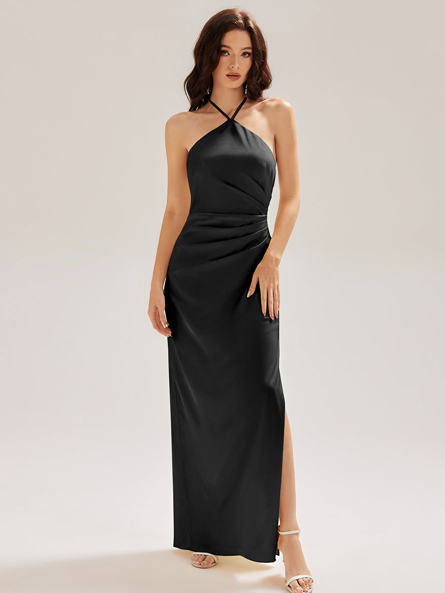 Color=Black | Custom Made Sleeveless Halter Neck Sheath Floor Length Dress with Thigh-High Slit, Bridesmaid Dresses-Black 1