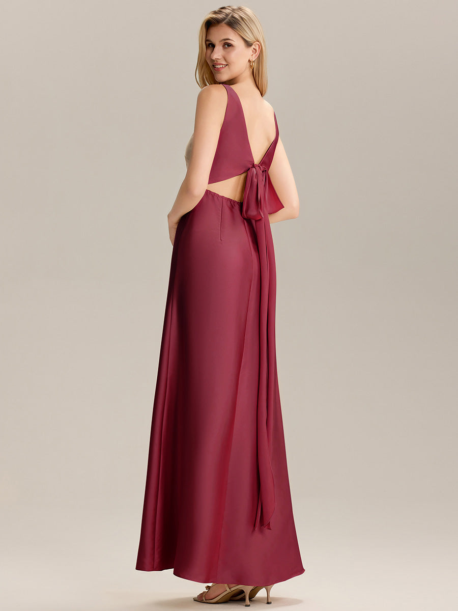 Color=Burgundy | Custom Solutions Short Sleeve V-Neck Backless A-Line Floor Length Bridesmaid Dresses-Burgundy 2