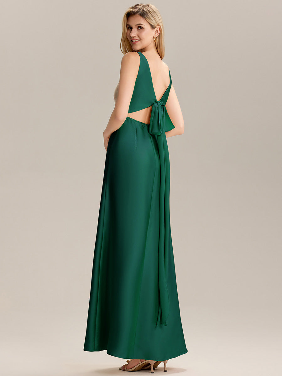 Color=Dark Green | Custom Solutions Short Sleeve V-Neck Backless A-Line Floor Length Bridesmaid Dresses-Dark Green 9
