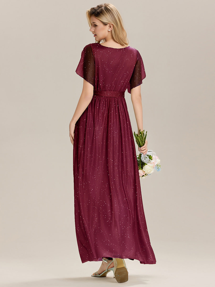 Color=Burgundy | Custom Solutions Short Sleeve Ruffle Deep V-Neck A-Line Floor Length Bridesmaid Dresses-Burgundy 2