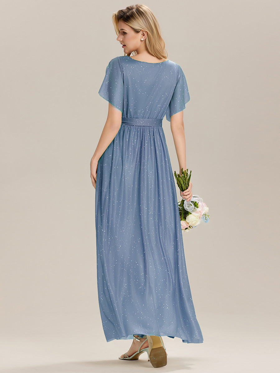 Color=Dusty Blue | Custom Solutions Short Sleeve Ruffle Deep V-Neck A-Line Floor Length Bridesmaid Dresses-Dusty Blue 5