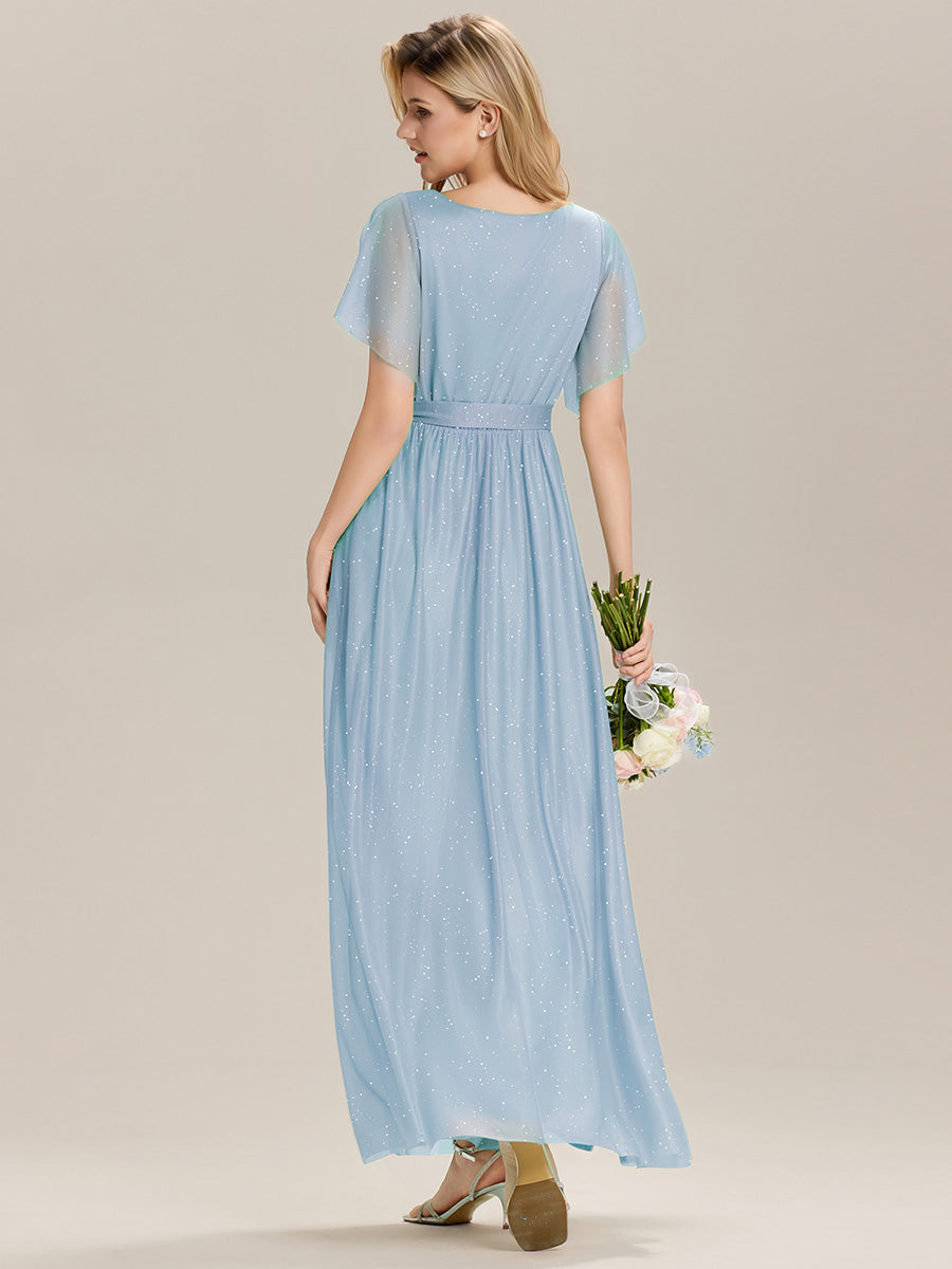 Color=Ice Blue | Custom Solutions Short Sleeve Ruffle Deep V-Neck A-Line Floor Length Bridesmaid Dresses-Ice Blue 7
