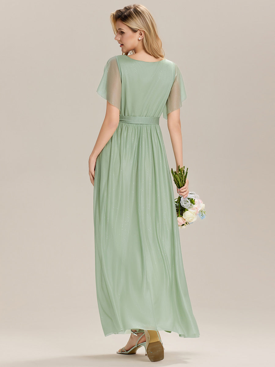 Color=Mint Green | Custom Solutions Short Sleeve Ruffle Deep V-Neck A-Line Floor Length Bridesmaid Dresses-Mint Green 9