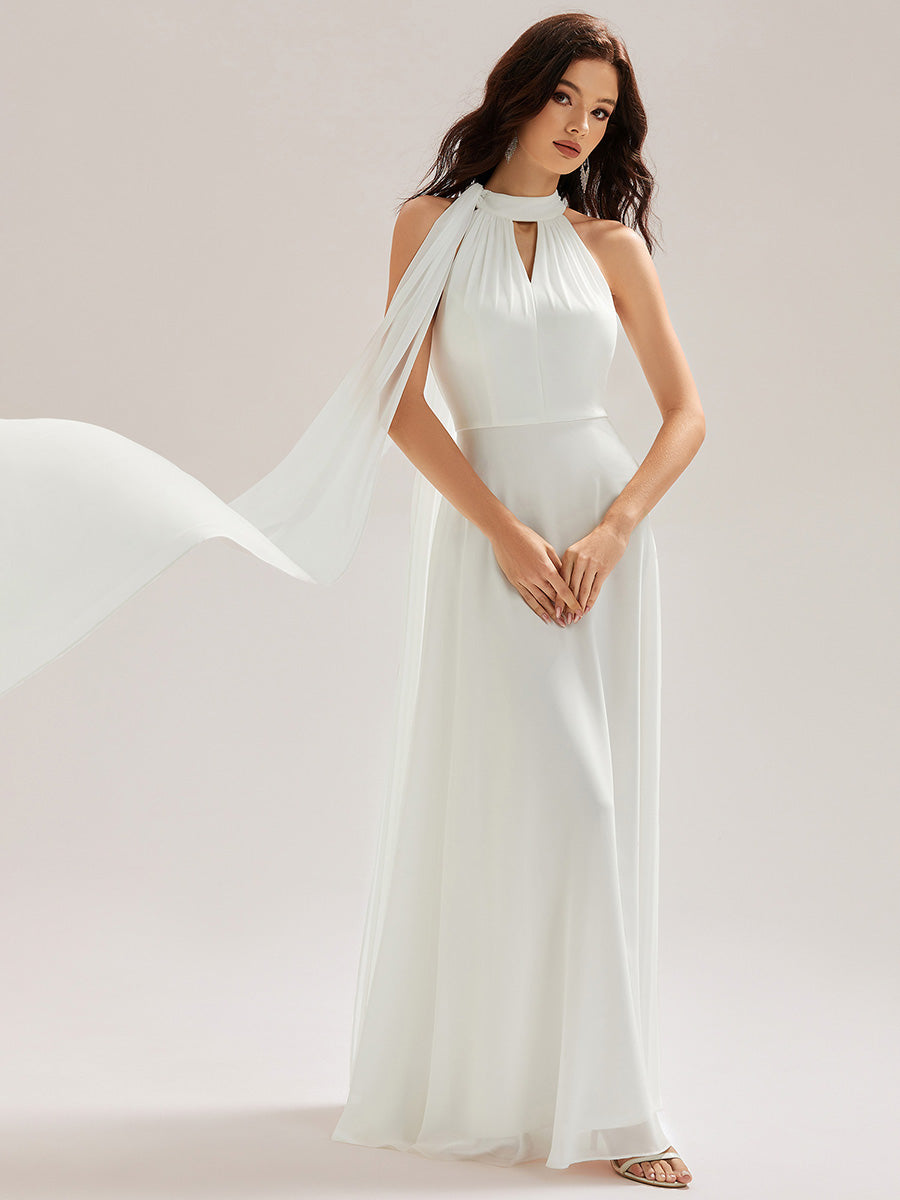 Color=White | Custom Made Sleeveless Halter Neck Cut-Out A-Line Floor Length Bridesmaid Dresses-White 1