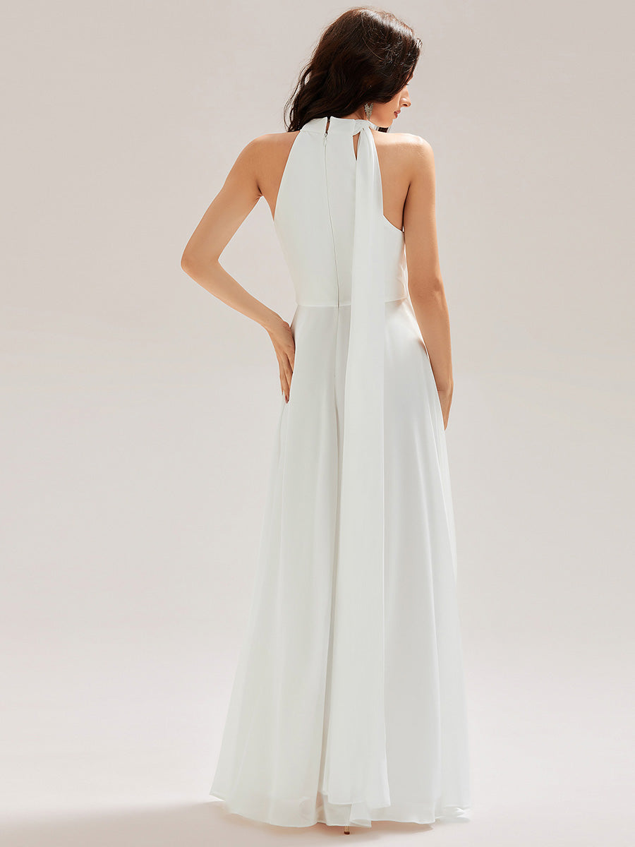 Color=White | Custom Made Sleeveless Halter Neck Cut-Out A-Line Floor Length Bridesmaid Dresses-White 2