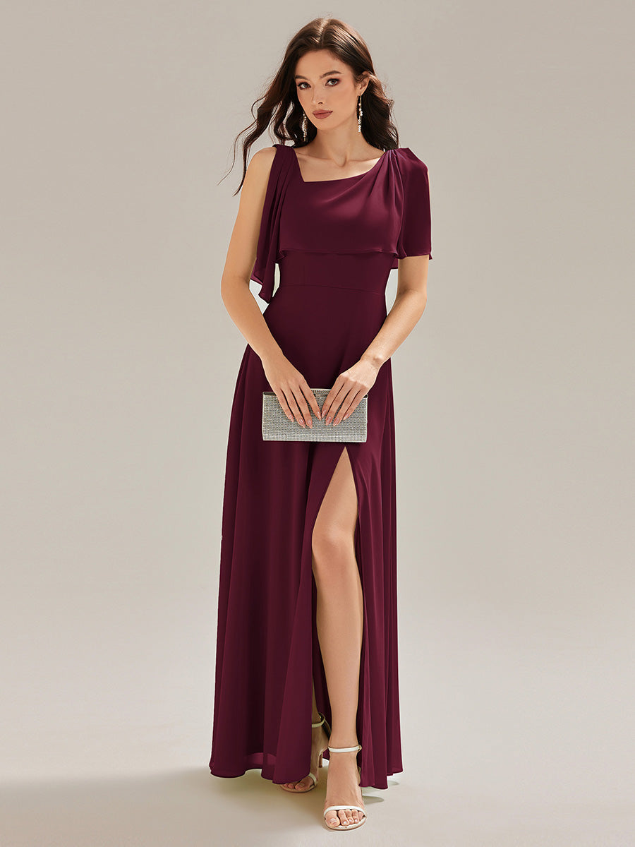 Color=Burgundy | Custom Solutions Sleeveless Halter Neck A-Line Floor Length Dress with Thigh-High Slit, Bridesmaid Dresses-Burgundy 1