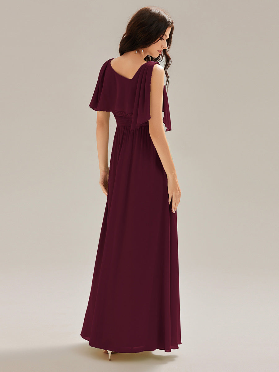 Color=Burgundy | Custom Solutions Sleeveless Halter Neck A-Line Floor Length Dress with Thigh-High Slit, Bridesmaid Dresses-Burgundy 2