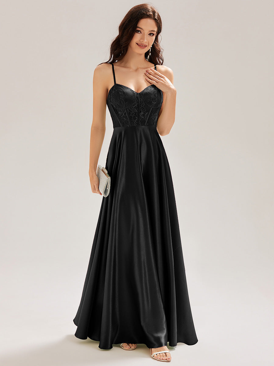 Color=Black | Custom Made Sleeveless V-Neck A-Line Floor Length Patchwork Bridesmaid Dresses-Black 4