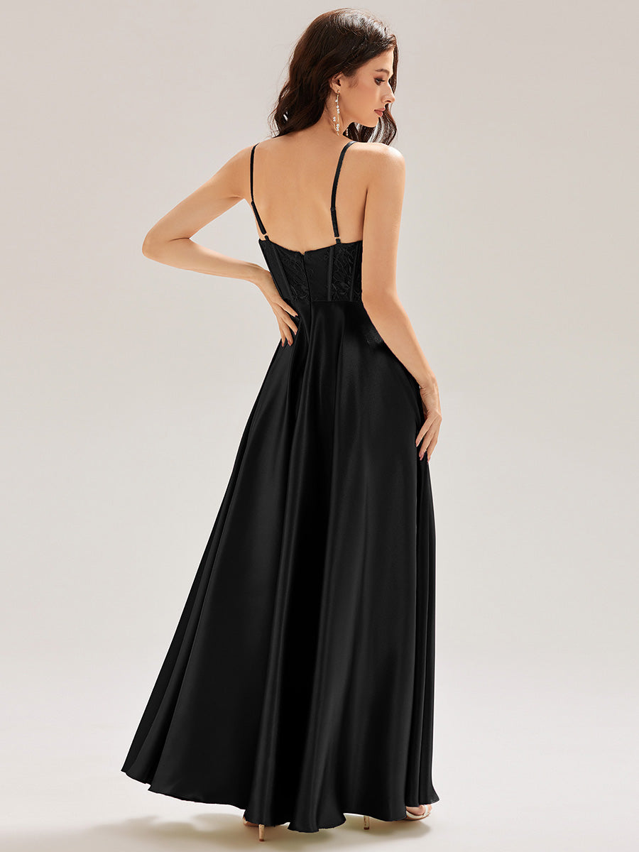 Color=Black | Custom Made Sleeveless V-Neck A-Line Floor Length Patchwork Bridesmaid Dresses-Black 5