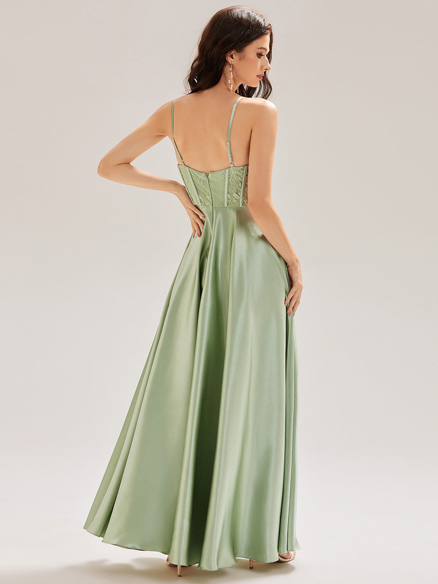 Color=Mint Green | Custom Made Sleeveless V-Neck A-Line Floor Length Patchwork Bridesmaid Dresses-Mint Green 11