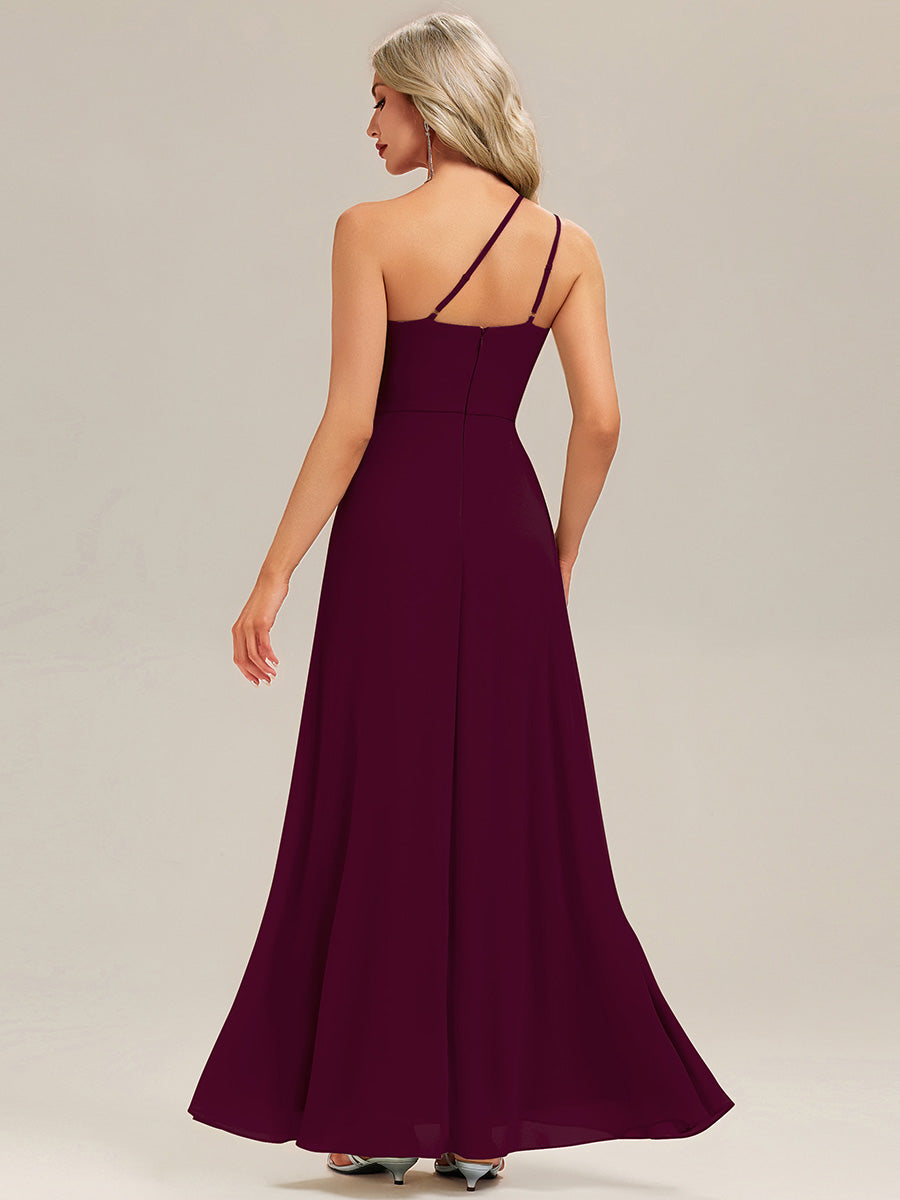 Color=Burgundy | Custom Solutions Gathered One Shoulder Sleeveless A-Line Floor Length Bridesmaid Dresses-Burgundy 2