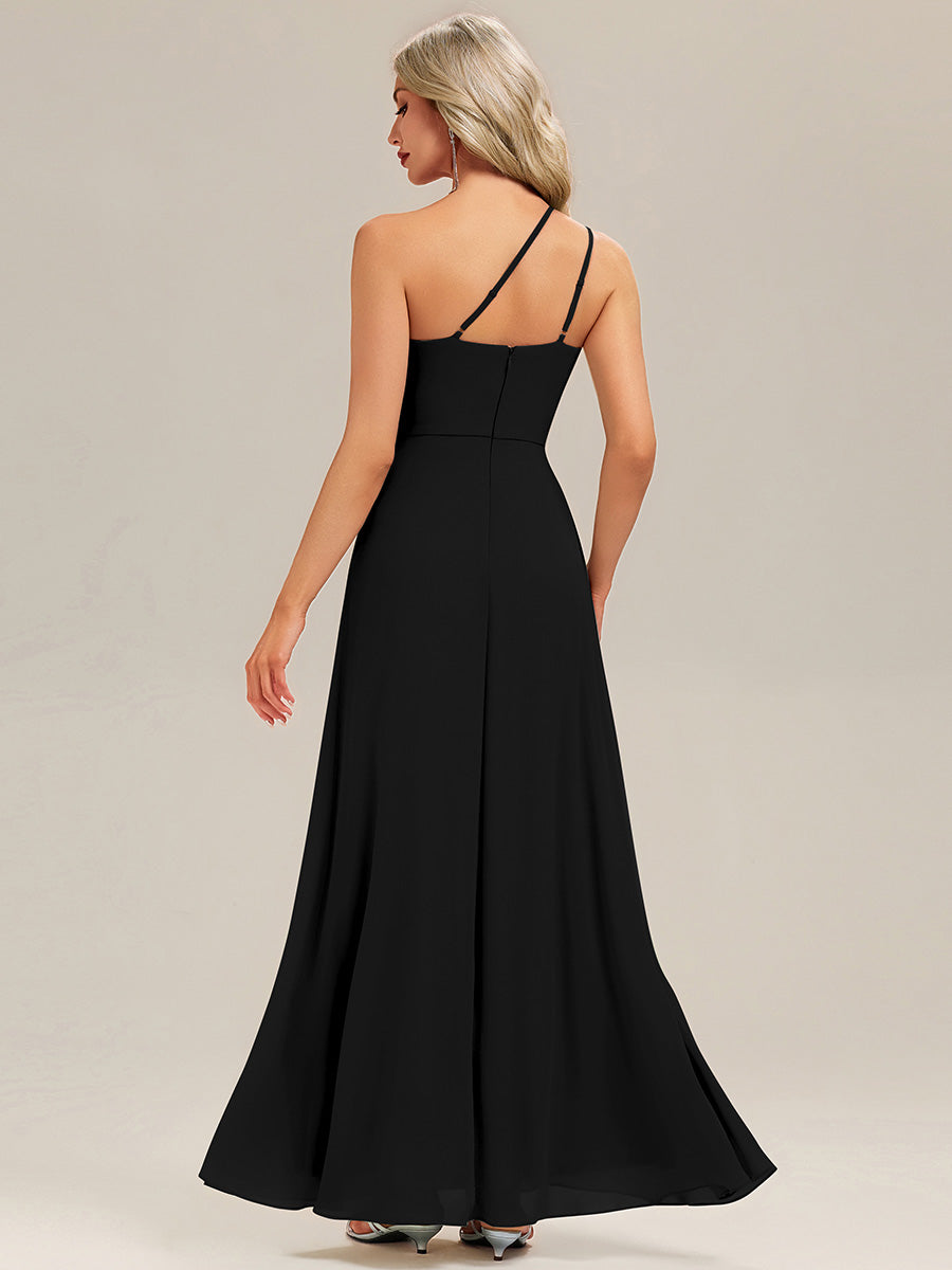 Color=Black | Custom Solutions Gathered One Shoulder Sleeveless A-Line Floor Length Bridesmaid Dresses-Black 5