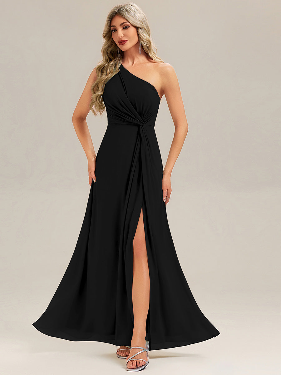 Color=Black | Custom Solutions Gathered One Shoulder Sleeveless A-Line Floor Length Bridesmaid Dresses-Black 4