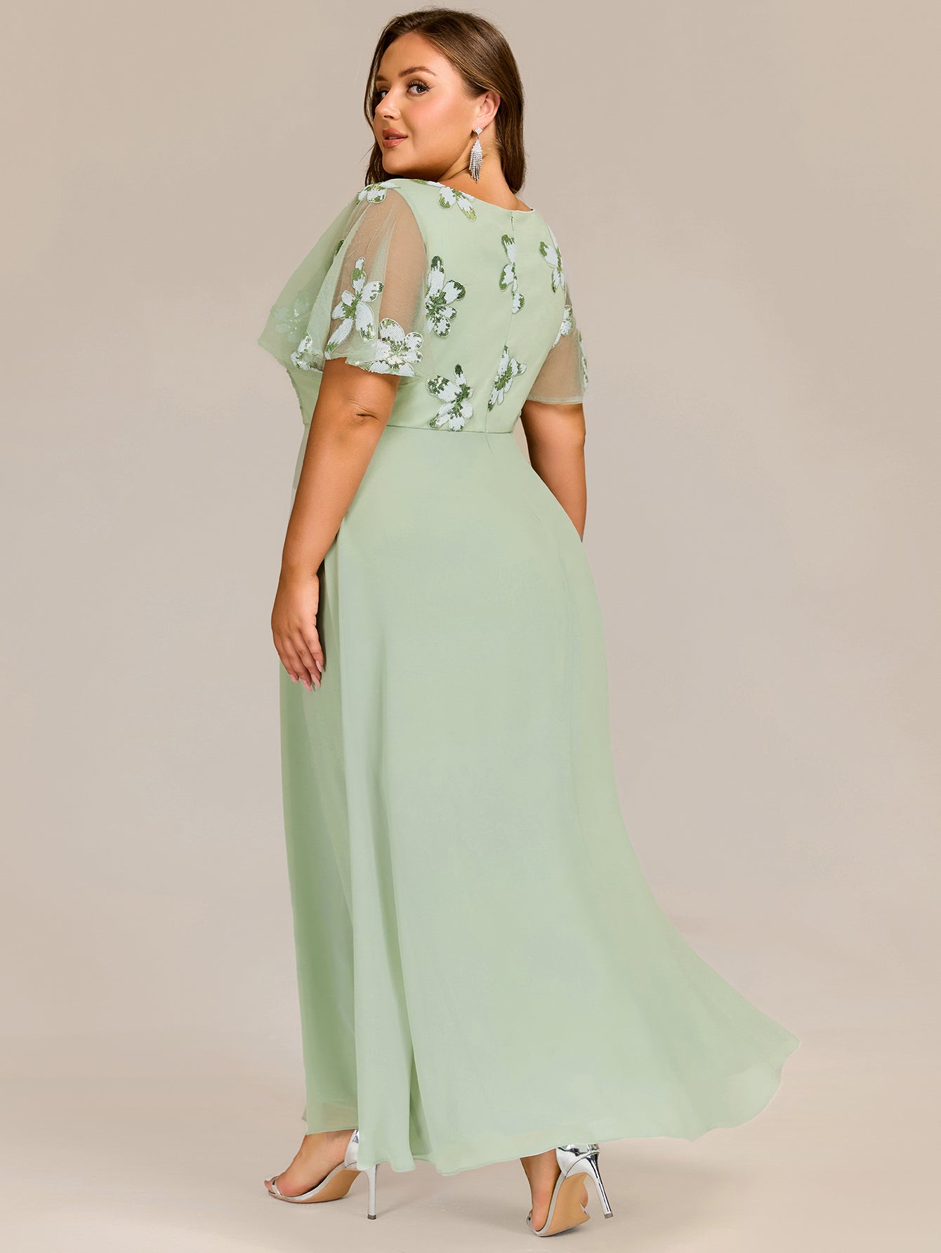 Color=Mint Green | Ruffles Sleeve Round Neck Paillette Chiffon Evening Dresses-Mint Green 7