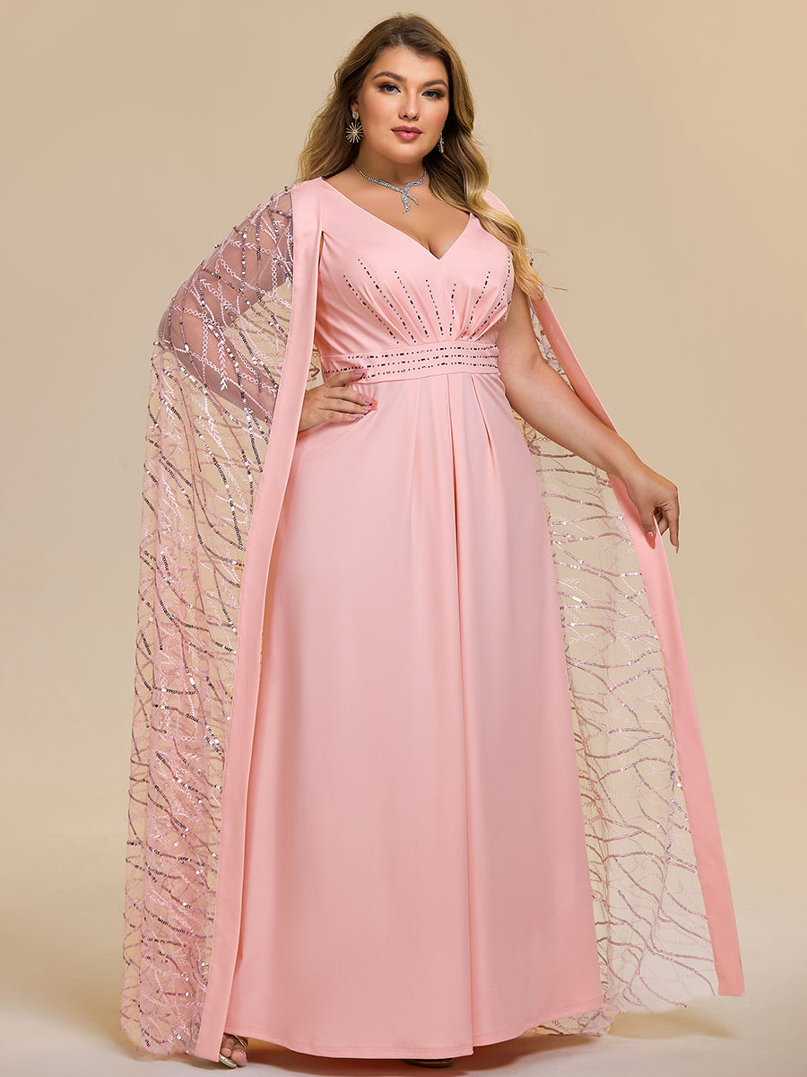 Color=Pink | One Stop Shop Plus Size Sleeveless Deep V-Neck Rhinestone A-Line Floor Length Evening Dresses-Pink 4