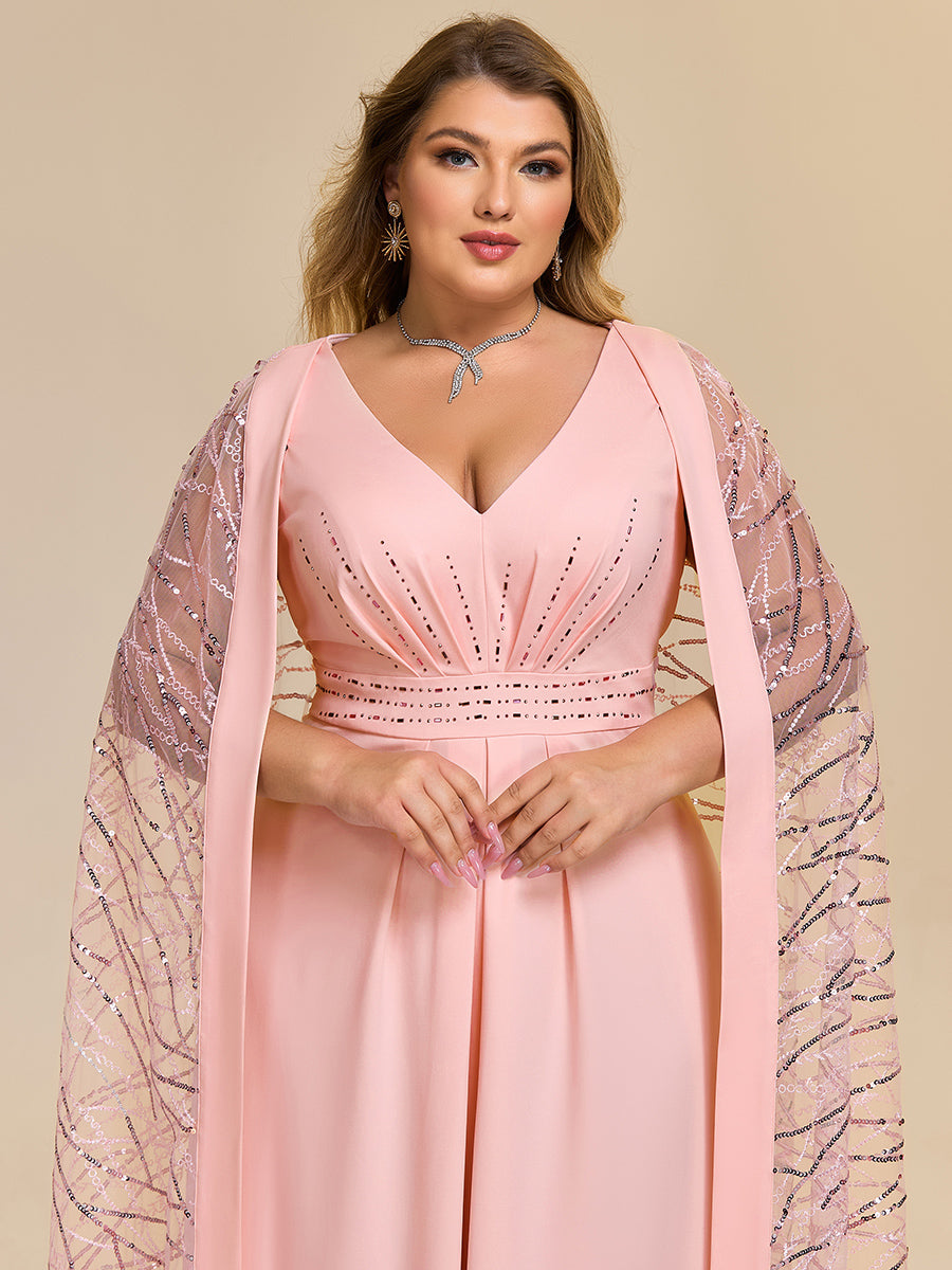 Color=Pink | One Stop Shop Plus Size Sleeveless Deep V-Neck Rhinestone A-Line Floor Length Evening Dresses-Pink 3