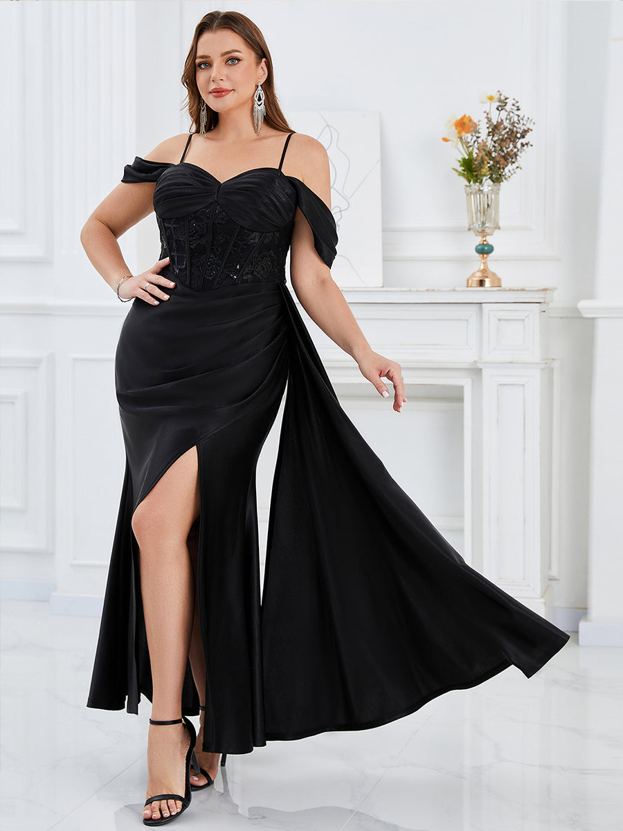 Color=Black | B2B-Exclusive Plus Size Short Sleeves Sweetheart Neck Fishtail Floor Length Evening Dresses-Black 1
