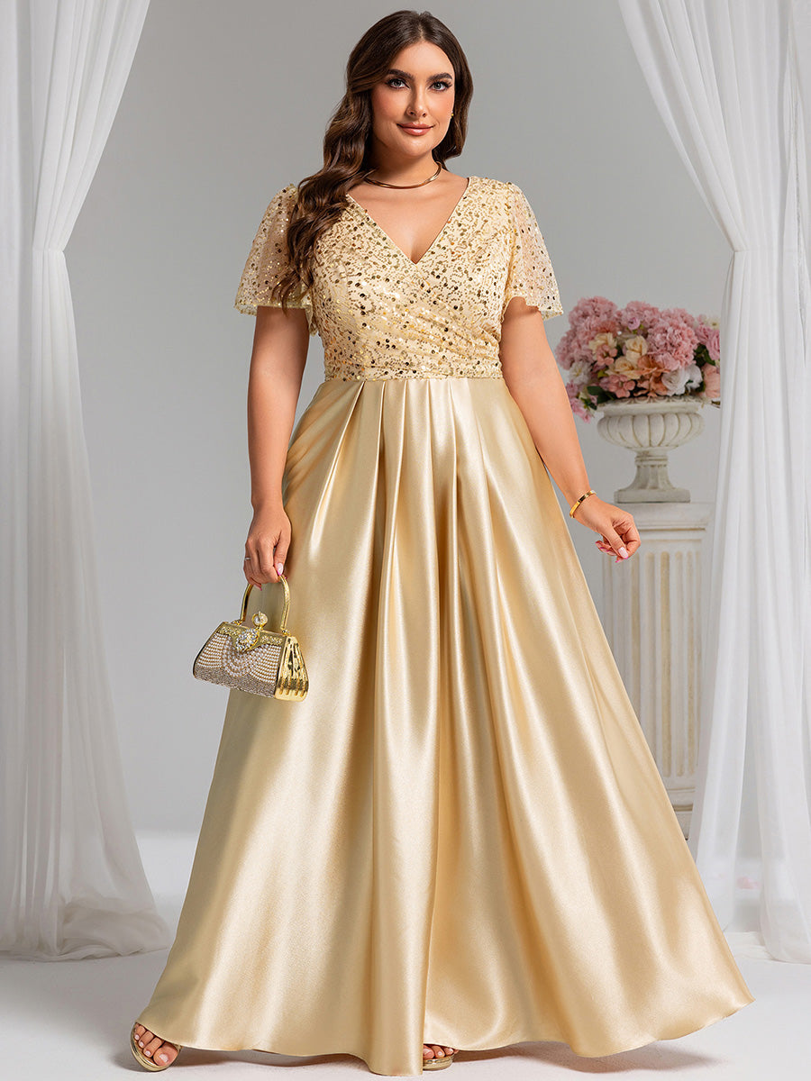 Color=champagne | Factory Design Short Sleeve Ruffle Sheer Appliques V Neck Bridesmaid Dress-champagne 1