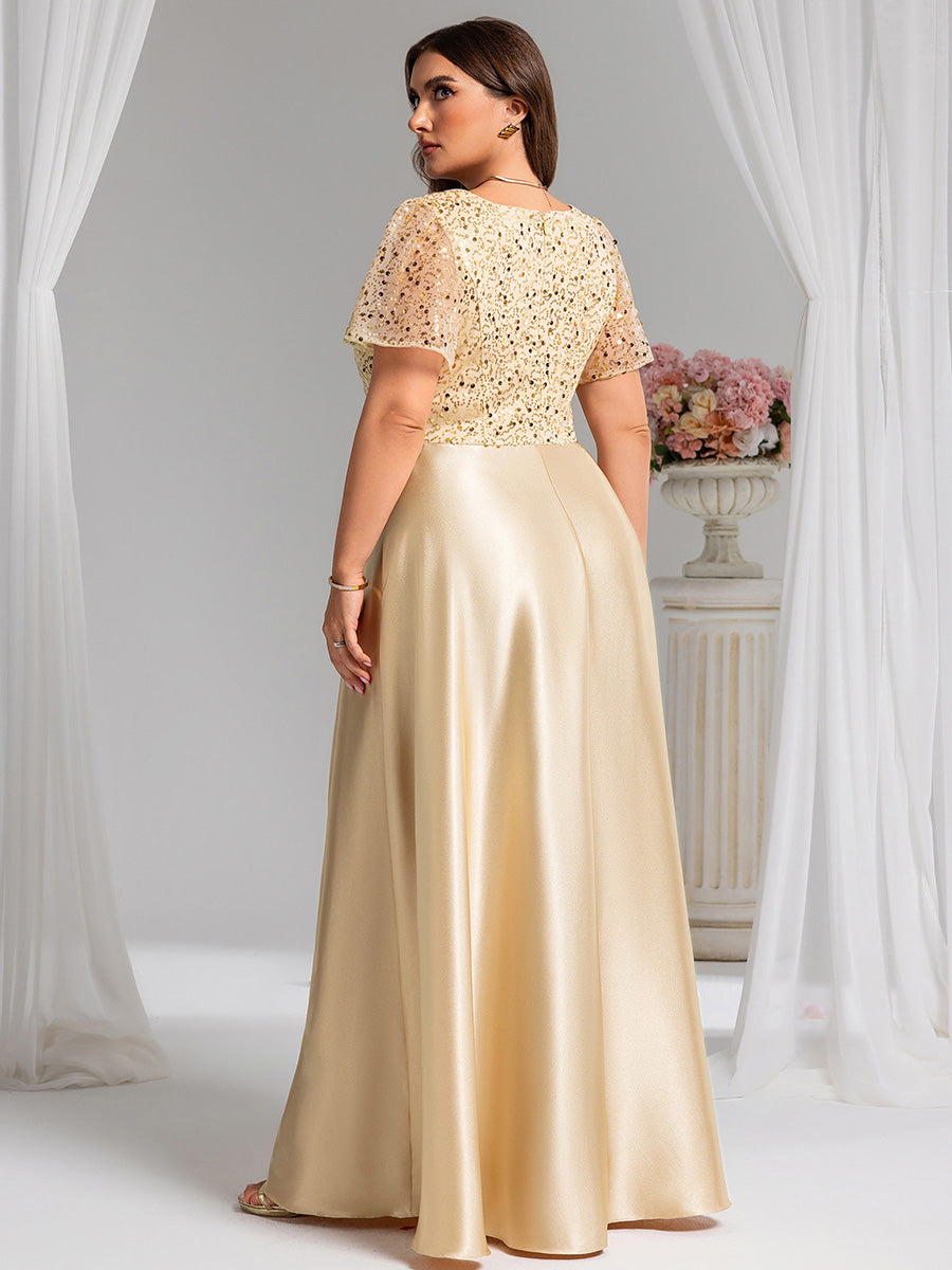 Color=champagne | Factory Design Short Sleeve Ruffle Sheer Appliques V Neck Bridesmaid Dress-champagne 2