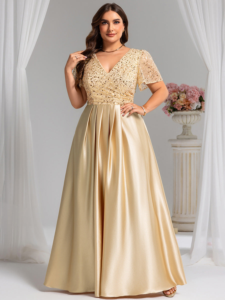 Color=champagne | Factory Design Short Sleeve Ruffle Sheer Appliques V Neck Bridesmaid Dress-champagne 3