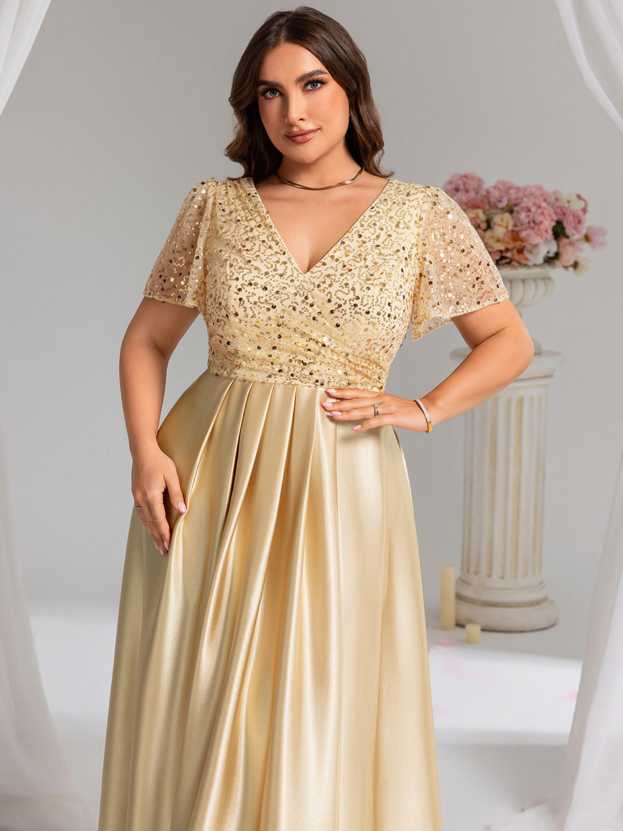 Color=champagne | Factory Design Short Sleeve Ruffle Sheer Appliques V Neck Bridesmaid Dress-champagne 5