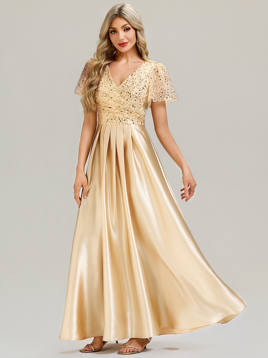 Color=Champagne | V-Neck Short Sleeve Evening Dress with Ruffle and Sheer Appliques-Champagne 1