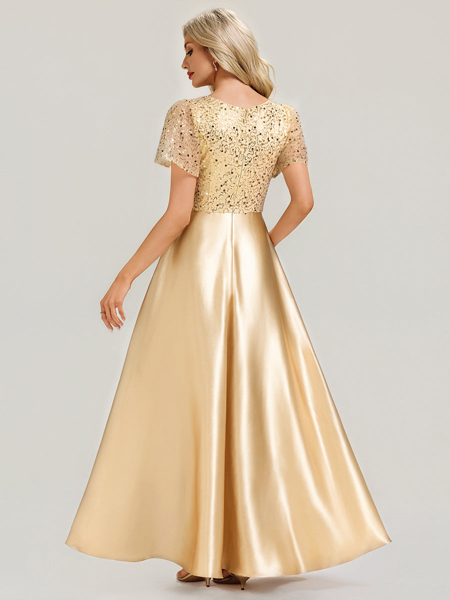 Color=Champagne | V-Neck Short Sleeve Evening Dress with Ruffle and Sheer Appliques-Champagne 2