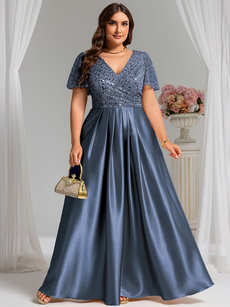 Color=Dusty Blue | One Stop Shop Plus Size Short Sleeves Deep V-Neck Sequin A-Line Floor Length Evening Dresses-Dusty Blue 1