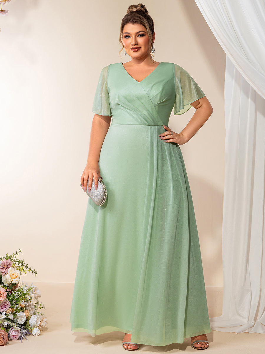 Color=Mint Green | Volume Discounts Plus Size Short Sleeve Ruffle Deep V-Neck A-Line Floor Length Evening Dresses-Mint Green 1
