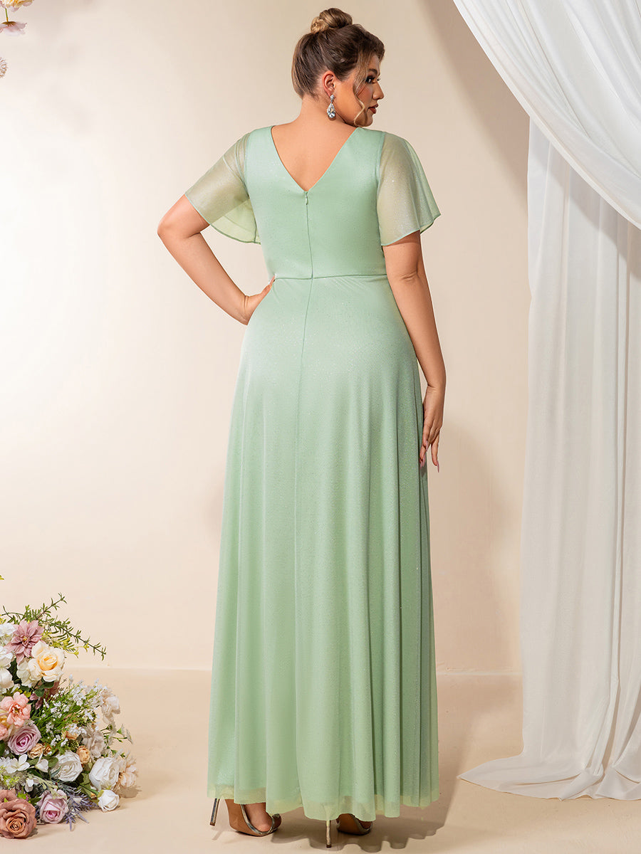Color=Mint Green | Volume Discounts Plus Size Short Sleeve Ruffle Deep V-Neck A-Line Floor Length Evening Dresses-Mint Green 2