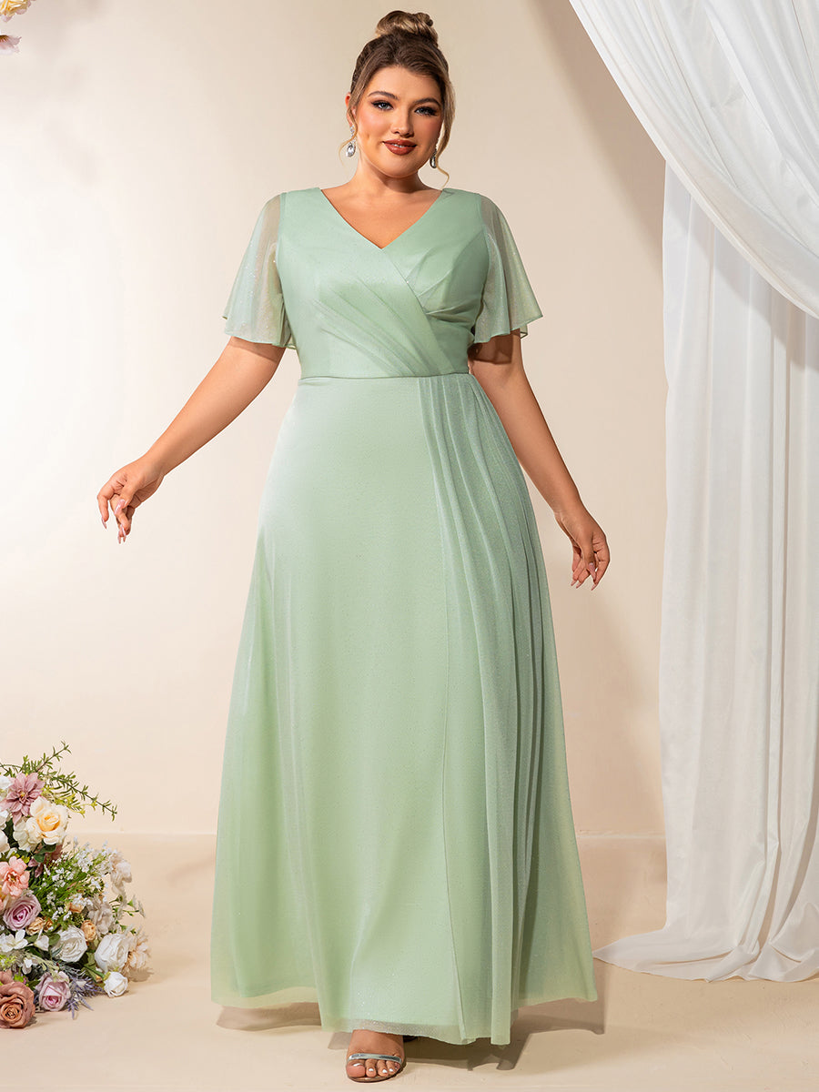 Color=Mint Green | Volume Discounts Plus Size Short Sleeve Ruffle Deep V-Neck A-Line Floor Length Evening Dresses-Mint Green 5