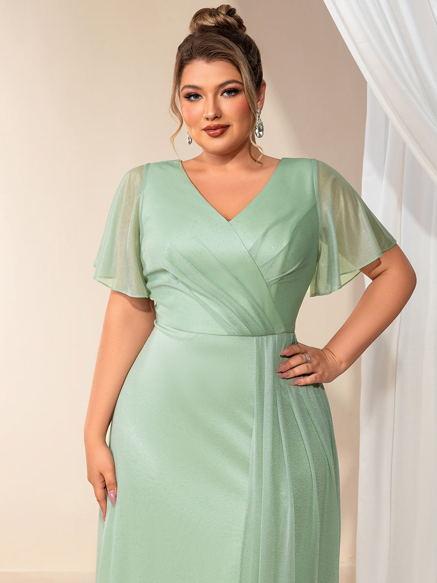 Color=Mint Green | Volume Discounts Plus Size Short Sleeve Ruffle Deep V-Neck A-Line Floor Length Evening Dresses-Mint Green 3