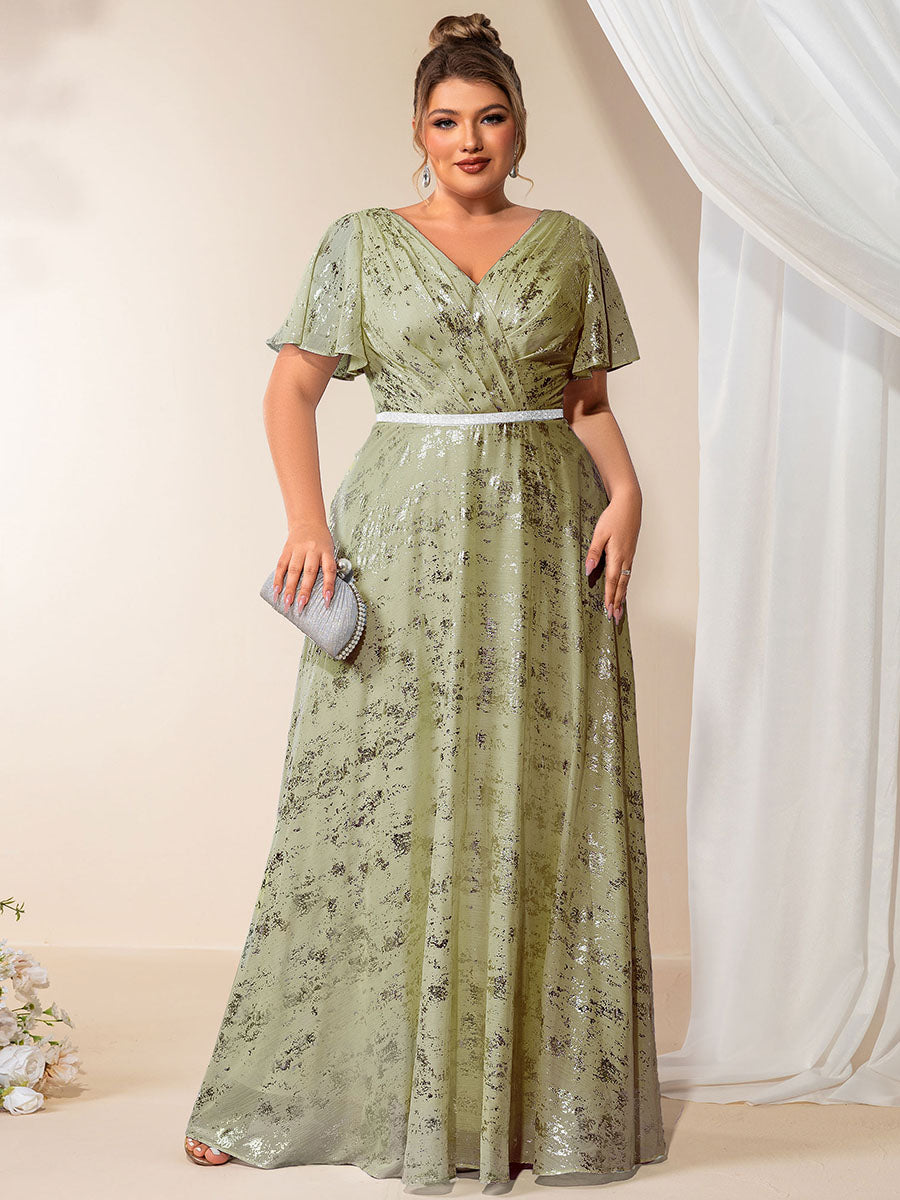Color=Slate Green | Industrial Use Plus Size Short Sleeve Ruffle A-Line Floor Length V-Neck Evening Dresses-Slate Green 1