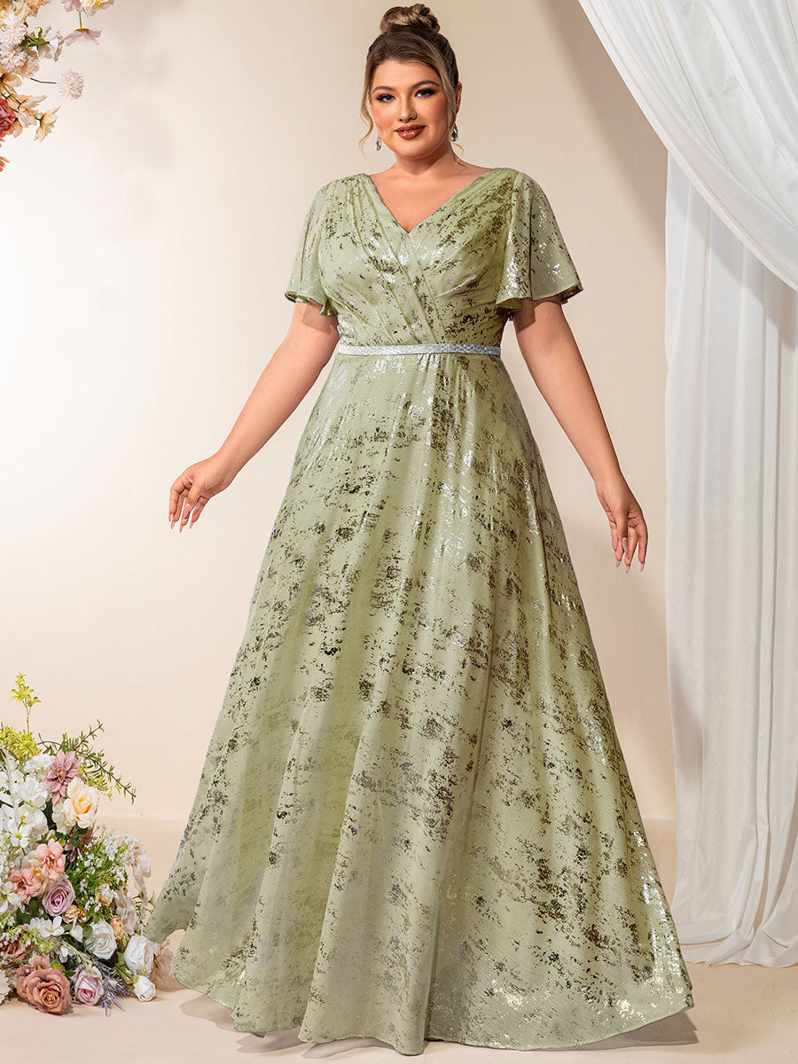 Color=Slate Green | Industrial Use Plus Size Short Sleeve Ruffle A-Line Floor Length V-Neck Evening Dresses-Slate Green 4