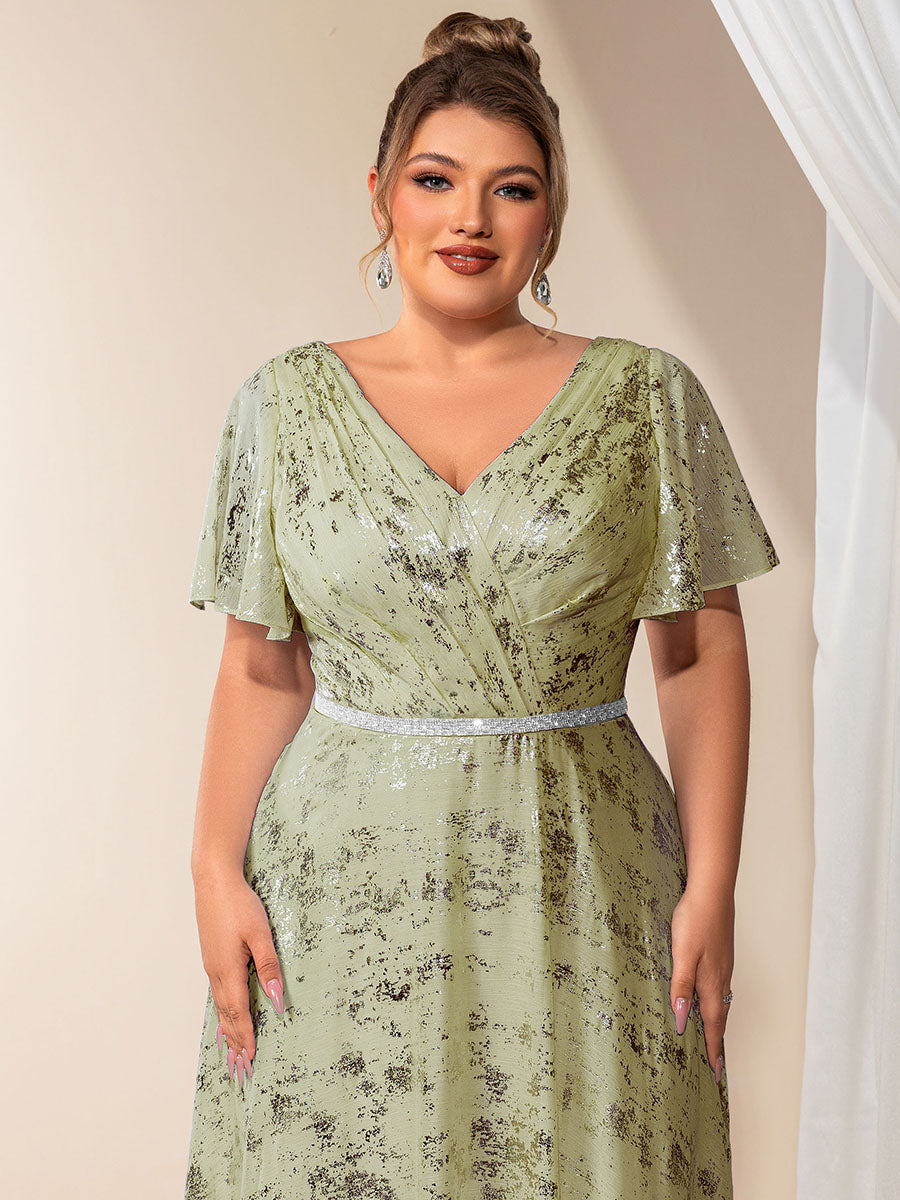 Color=Slate Green | Industrial Use Plus Size Short Sleeve Ruffle A-Line Floor Length V-Neck Evening Dresses-Slate Green 3