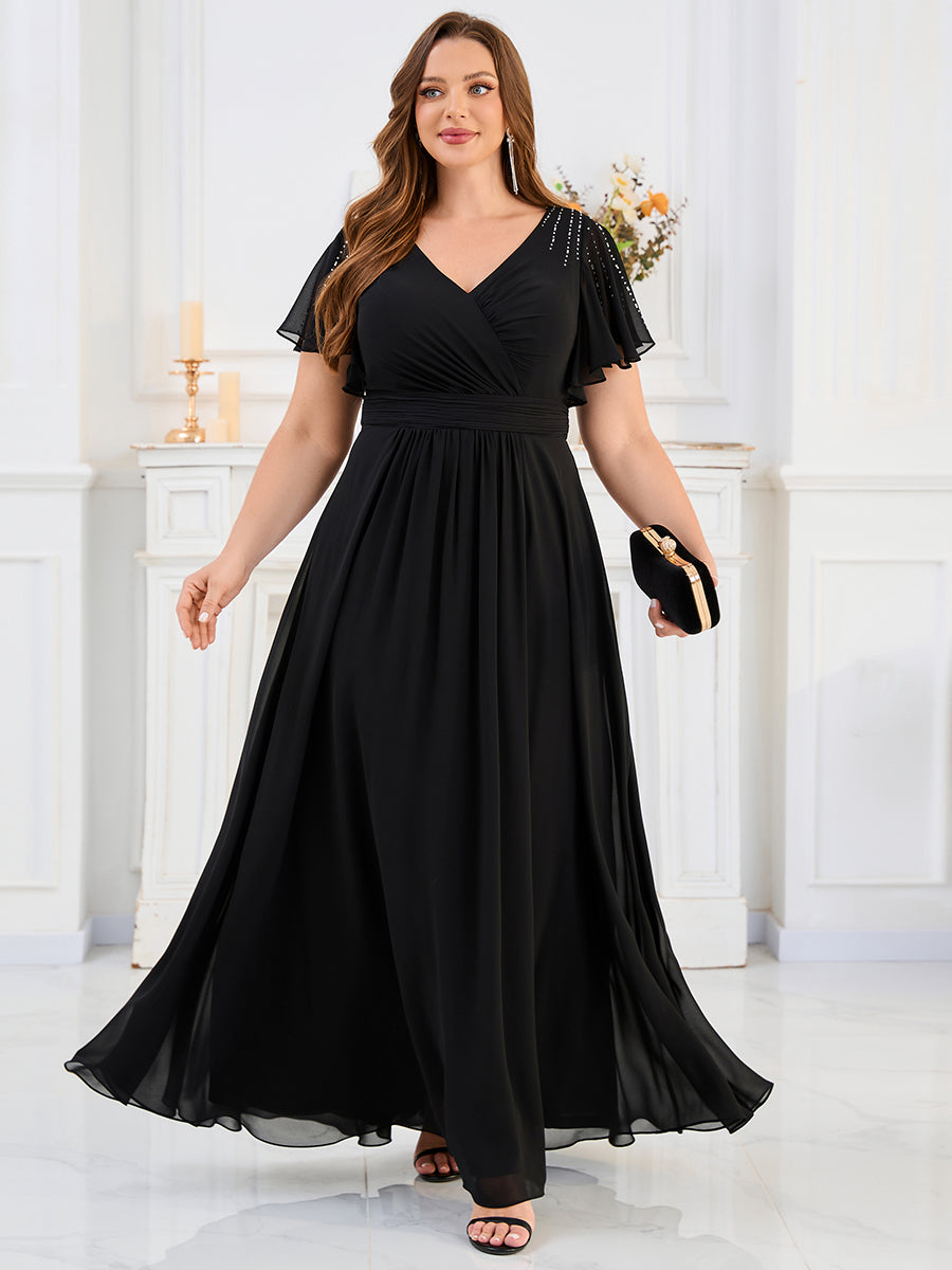 Color=Black | Fast Delivery Plus Size Short Sleeve Ruffle V-Neck Pleated A-Line Floor Length Evening Dresses-Black 1
