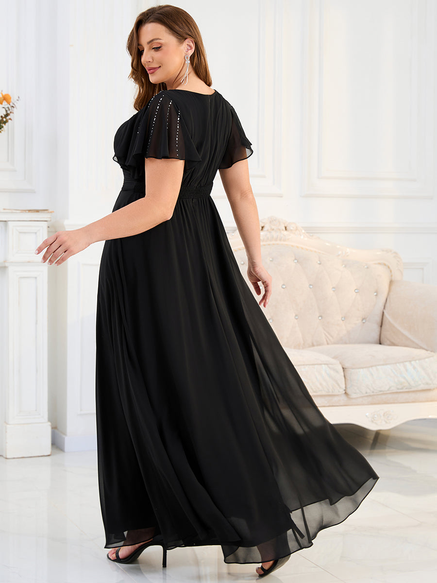Color=Black | Fast Delivery Plus Size Short Sleeve Ruffle V-Neck Pleated A-Line Floor Length Evening Dresses-Black 2
