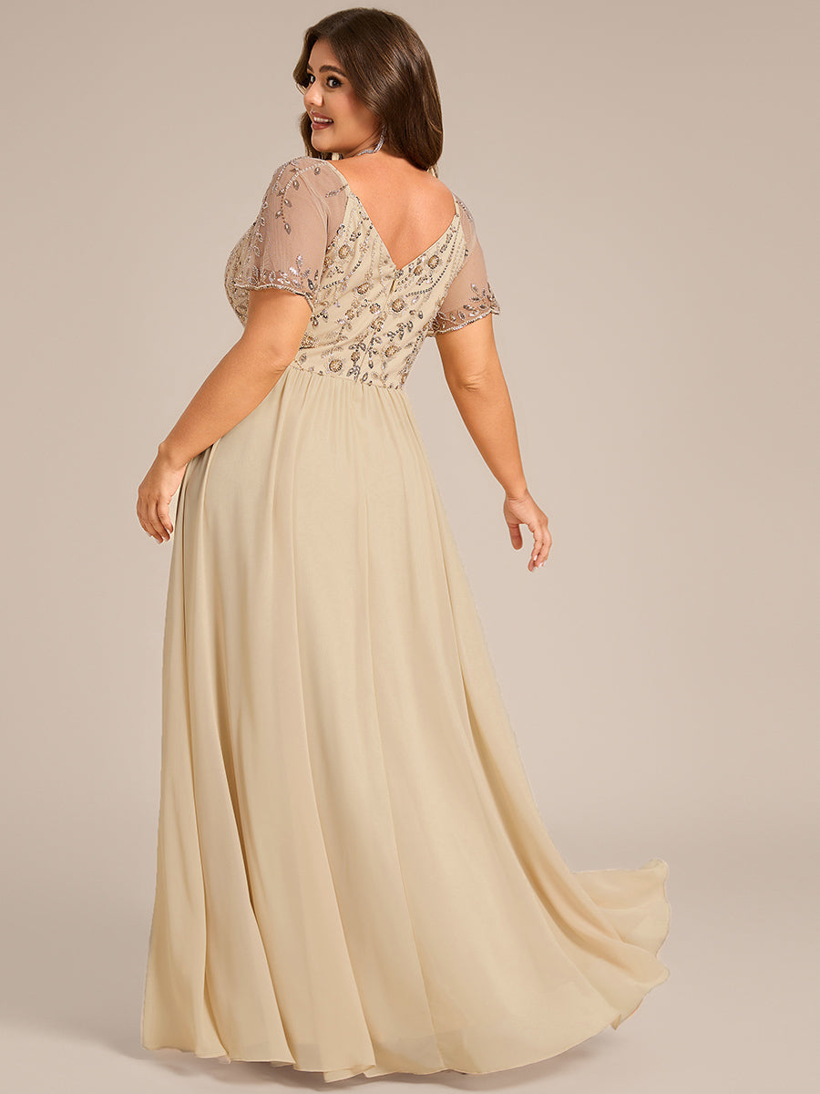 Color=Champagne | Commercial Wholesale Plus Size Short Sleeve Ruffle V-Neck A-Line Floor Length Evening Dress Evenings Dresses-Champagne 2
