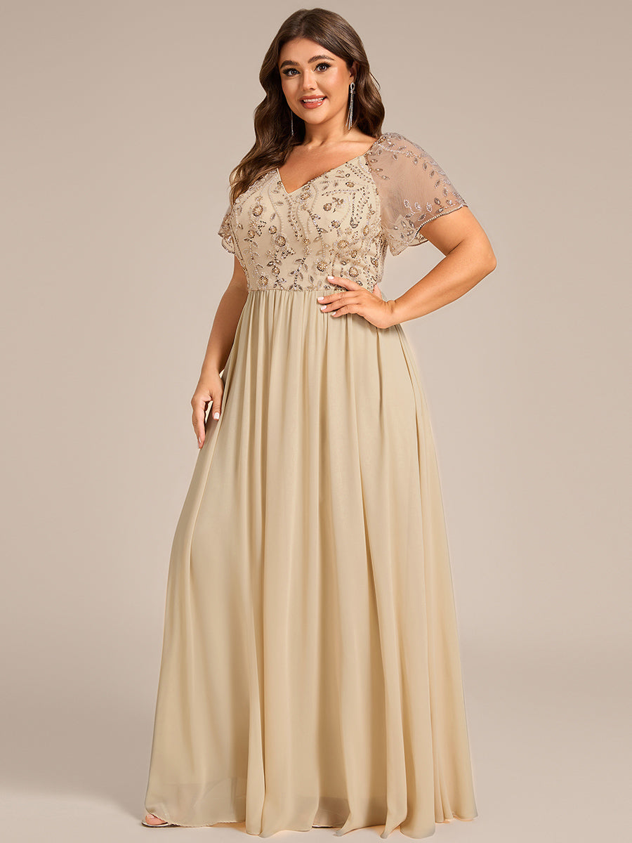 Color=Champagne | Commercial Wholesale Plus Size Short Sleeve Ruffle V-Neck A-Line Floor Length Evening Dress Evenings Dresses-Champagne 4