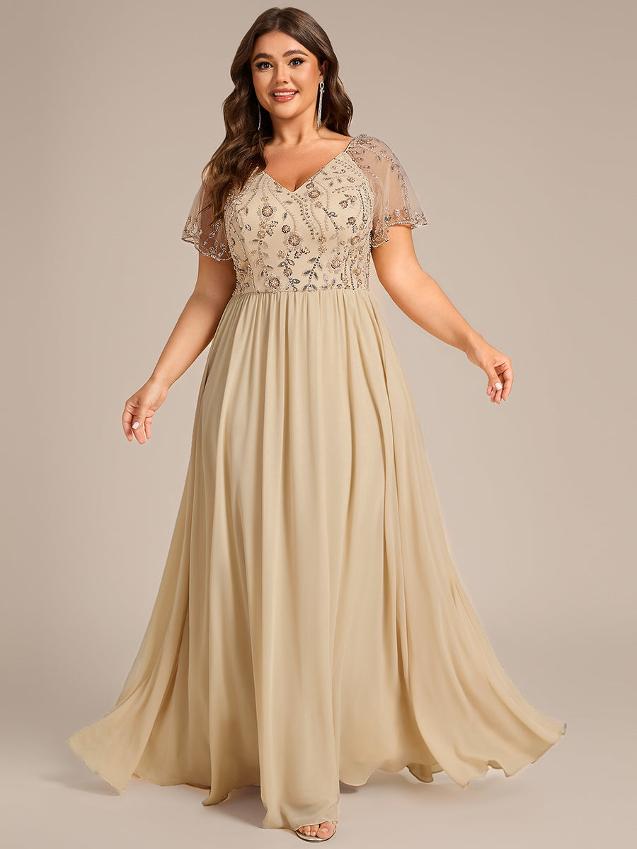 Color=Champagne | Commercial Wholesale Plus Size Short Sleeve Ruffle V-Neck A-Line Floor Length Evening Dress Evenings Dresses-Champagne 5