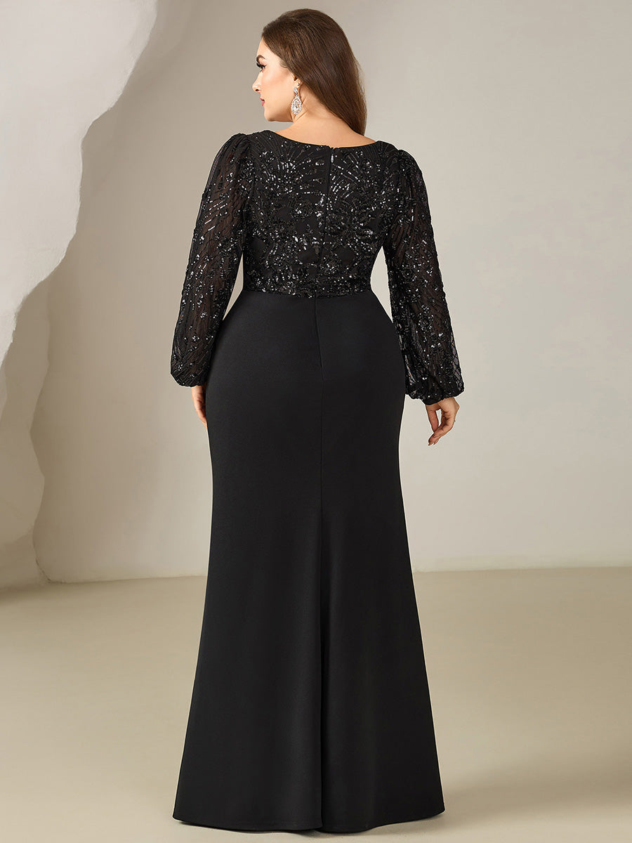 Color=Black | Fast Delivery Plus Size Long Sleeve Fishtail Sequin V-Neck High Stretch Evening Dresses-Black 2