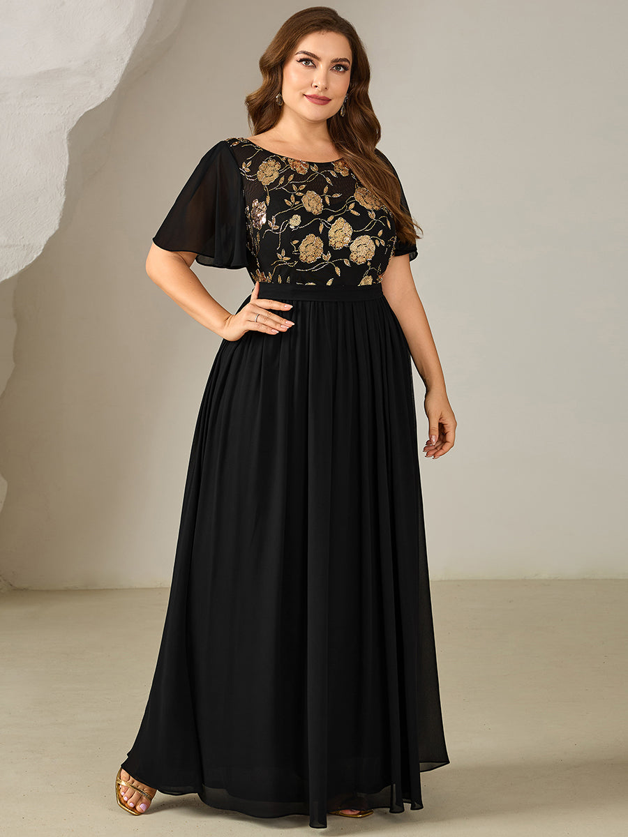 Color=Black Gold | Industrial Use Plus Size Short Sleeve Ruffle Sequin Round Neck A-Line Floor Length Evening Dresses-Black Gold 1